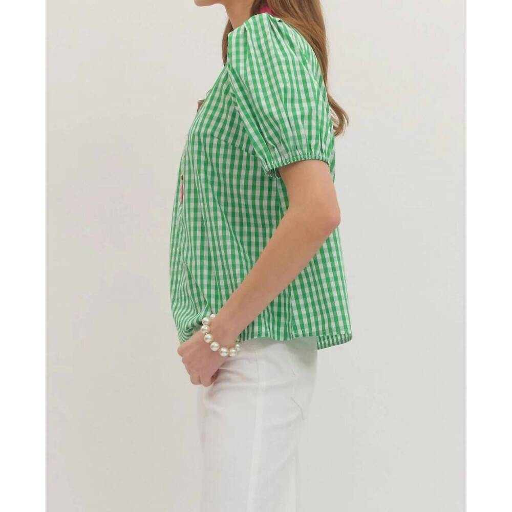 NEW ENTRO glinda gingham blouse in bright green - Picture 3 of 7